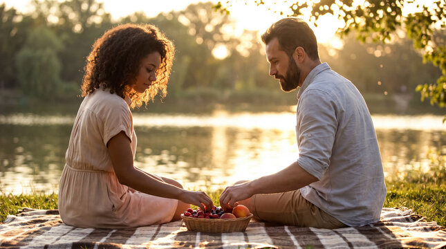 Happy couple enjoying a romantic picnic by the lake during a beautiful golden hour sunset.