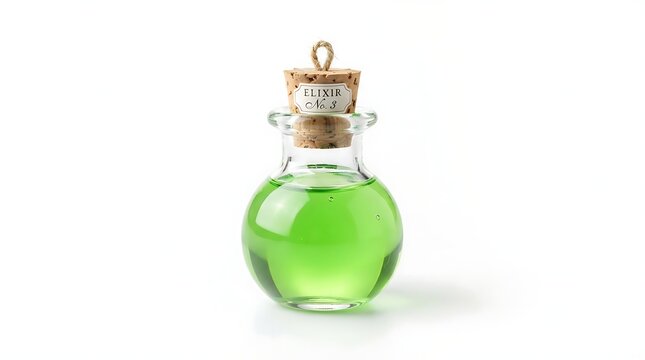 Small round glass bottle filled with a vibrant green liquid elixir and a cork stopper with a vintage label