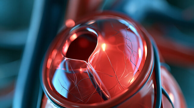 Patent foramen ovale interatrial septum medical macro, defocused anatomical closeup detail, cardiac structural visualization, heart defect representation, with copy space