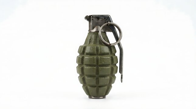 A single green metal hand grenade weapon with a pull ring pin isolated for military and defense tactical concepts