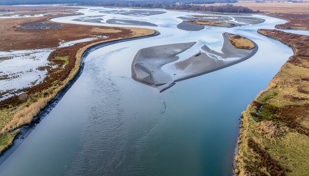 Aerial view of winding river with frozen patches and green banks