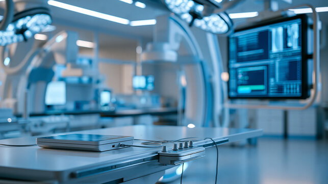 Digital subtraction angiography room, DSA lab, monitor large C-arm angiograph, operating room with x-ray medical scan in hospital, defocused advanced imaging facility, with copy