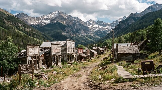 Historic abandoned mining settlement ruins along a winding dirt road in a picturesque high altitude mountain valley with ghost town