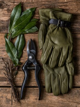 Red pruning shears and gardening gloves on wood