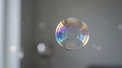 Naklejka premium Single Iridescent Soap Bubble Floating in a Bright Interior Setting