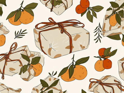 Christmas gift wrapped in fabric with oranges and leaves pattern
