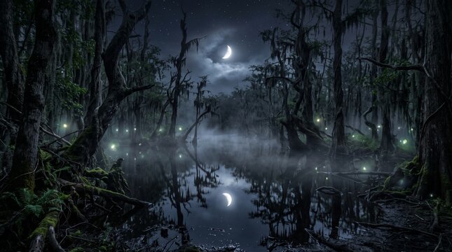 Mystical dark swamp reflecting a crescent moon and glowing fireflies with night marsh mystical wetland moonlit water haunted bayou gnarled trees night landscape reflection crescent darkness