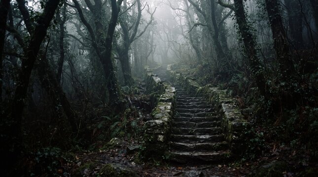 Stone steps leading up a misty dark forest slope with overgrown stairway foggy woodland mysterious path ancient steps woods trail adventure enchanted darkness environment outdoors landscape