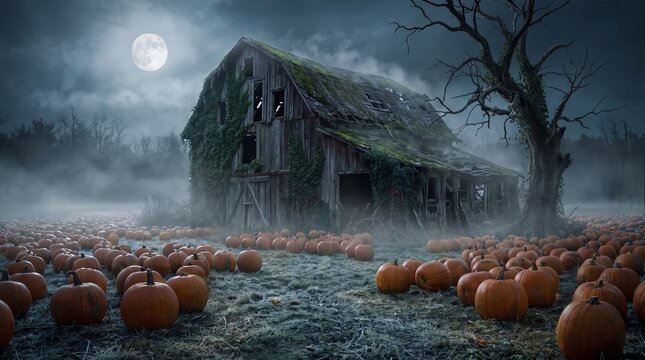 Old abandoned rustic barn in a pumpkin patch field under a glowing full moon at night with night landscape autumn night farm field rustic architecture harvest season halloween vibe wooden barn