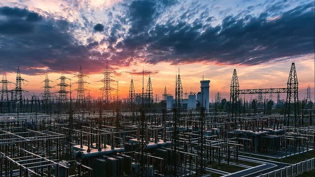 Aerial view of a modern high-voltage electrical substation surrounded by power transmission lines and green landscape in evening light, electrical grid, power grid, substation, high voltage, electrici