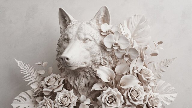 Wolf Bas-Relief Floral Wallpaper