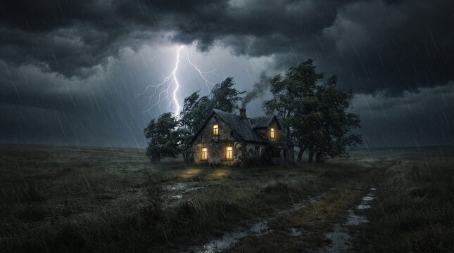 Old rustic house illuminated in a dark stormy night with dramatic lightning strike dark clouds scary house moody weather night time lightning bolt thunderstorm dramatic sky building