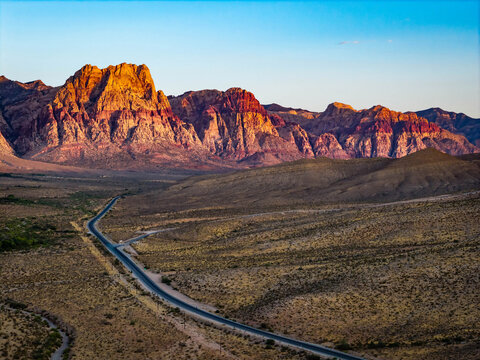 Sunrise aerial view over Red Rock Canyon mountains