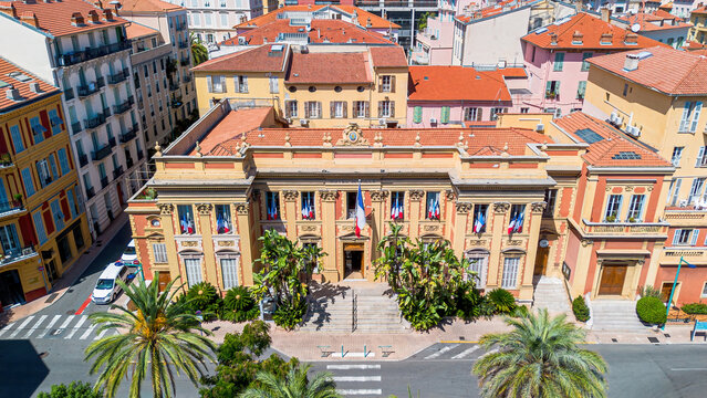 Aerial drone view of the City Hall of Menton on the coast of the Mediterranean Sea in the French Riviera