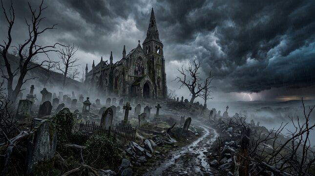 Dilapidated gothic church in a misty graveyard under a dark storm-filled sky with abandoned cemetery stormy clouds old tombstones haunted place dilapidated architecture eerie landscape darkness