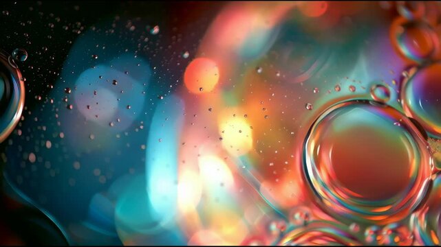Bubbles of different sizes float in clear water, reflecting colors and creating an abstract visual in an indoor space with soft lighting.