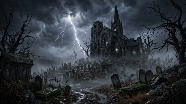 Old abandoned stone church in a foggy graveyard at night with lightning strike haunted graveyard gothic architecture spooky cemetery stormy sky old tombstones gothic ruins gloomy night