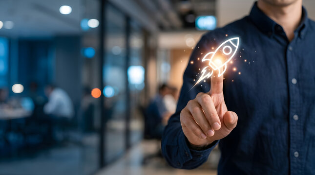 Man touching a glowing rocket icon represents startup activation product rollout digital innovation and rapid business acceleration.