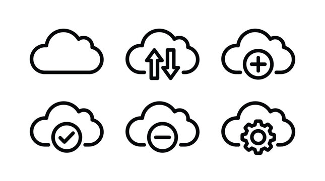 Minimalist black outline cloud storage icons set featuring various intuitive functional data management interface symbols