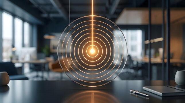 Glowing circular target in a modern office represents strategic business focus precise goals and measurable performance direction.