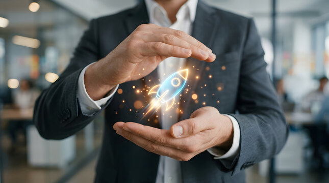 Businessman shielding a glowing rocket represents secure startup scaling risk management innovation support and strategic growth.