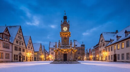 Obraz premium Christmas market square with illuminated clock tower and festive snow-covered village at dusk