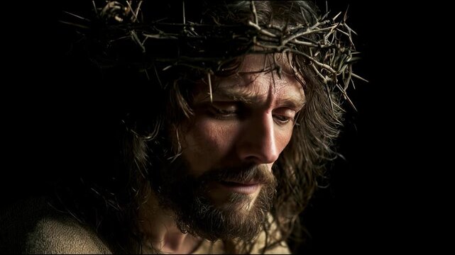The video shows Jesus Christ deep in thought while wearing a crown made of thorns. This moment captures a significant part of his story, emphasizing his sacrifice.