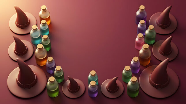 Halloween background with 3D witch hats and colorful magic potion bottles for party design