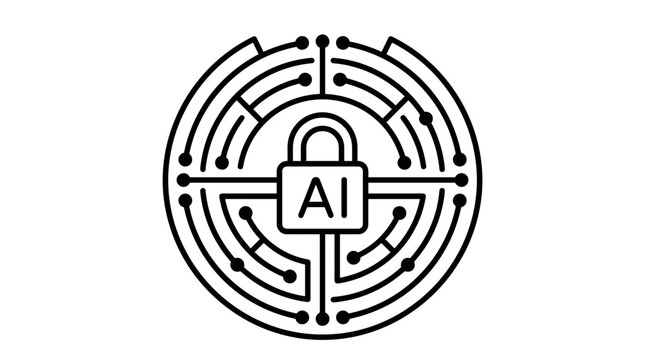 A black and white graphic icon representing artificial intelligence security, featuring a padlock with 'AI' inside and a circuit board design.