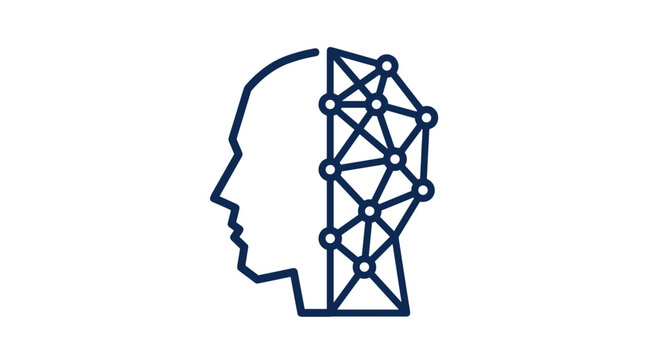 Iconic representation of artificial intelligence and neural networks, showing a human head with a connected web inside.