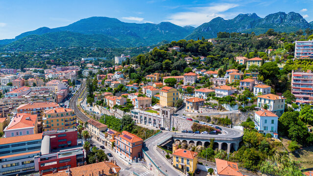 Aerial drone view of the old town of Menton on the coast of the Mediterranean Sea in the French Riviera