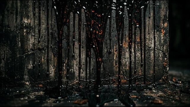 Thick black liquid drips down a weathered concrete wall and pools. Creepy atmosphere evoking dark mystery and eerie horror. Halloween 2026 spooky slime texture and seasonal theme.