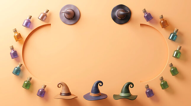 Halloween 3D witch hats and magic potion bottles frame on orange background