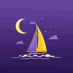 Naklejka premium Serene Night Sailboat Under A Crescent Moon And Starry Sky