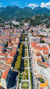 Aerial drone view of the Biov&Atilde;&uml;s Gardens in Menton on the coast of the Mediterranean Sea in the French Riviera