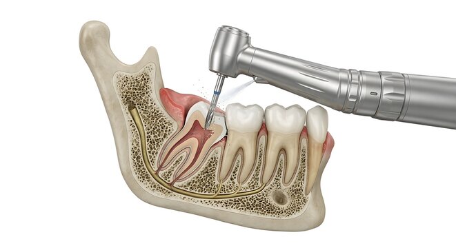 Dental Surgical Handpiece Sectioning Impacted Wisdom Tooth in Mandible Cross Section 3D Render