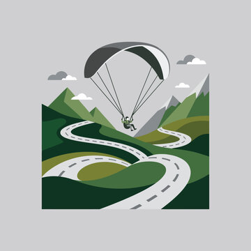 Scenic Mountain Road Paragliding Adventure Illustration
