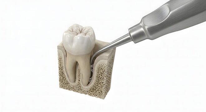 3D Scientific Illustration of Dental Root Elevator Luxating a Molar Tooth from Alveolar Bone Socket in Surgical Extraction