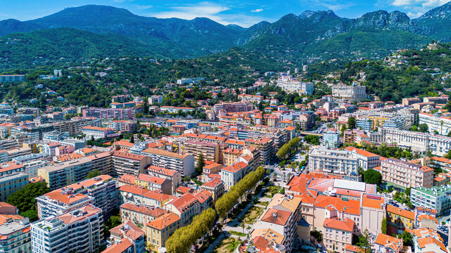 Aerial drone view of the Biov&Atilde;&uml;s Gardens in Menton on the coast of the Mediterranean Sea in the French Riviera