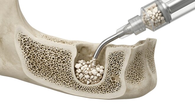 High-Detail 3D Render of a Bone Graft Carrier Packing Granules into a Mandibular Socket Defect for Dental Implants