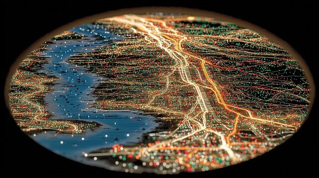 City lights at night, digital abstract glowing map, data visualization concept