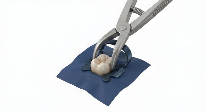Highly Detailed 3D Render of Dental Rubber Dam Clamp Forceps Seating a Clamp on a Molar Tooth Isolated on White Background