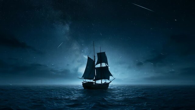 A ship sails through the ocean at night under a sky filled with stars. The water is dark and the ship is lit by starlight. It is a quiet night.