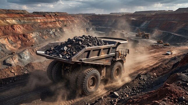 Heavy haul truck transporting ore in a dusty open-pit mine