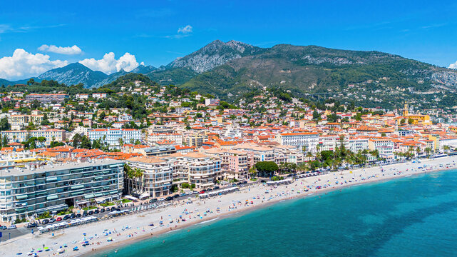 Aerial drone view of Borrigo Beach in Menton on the coast of the Mediterranean Sea in the French Riviera