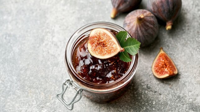 Sweet fig jam in glass dish with fig and leaf, viewed from above on gray surface