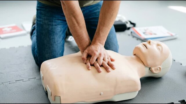 Man Practicing Cpr Chest Compressions on a Cpr Training Dummy for Emergency First Aid Education and Life saving Skills