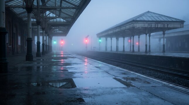 Empty train station platform in foggy night