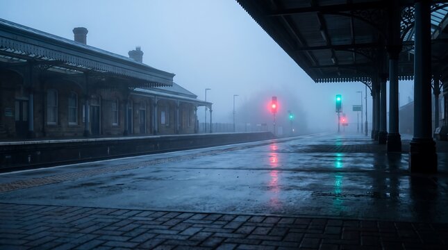 Empty train station platform in heavy morning fog