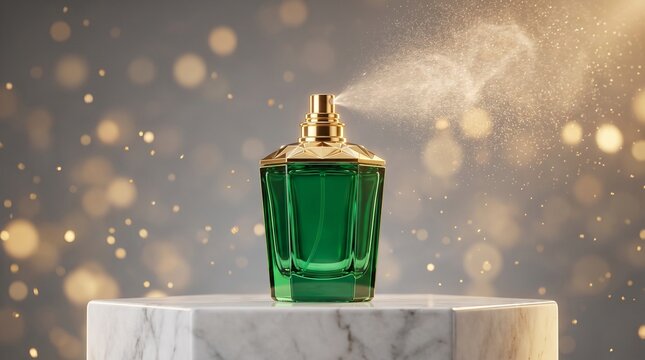 Luxury green perfume bottle spraying mist on marble pedestal with golden bokeh background